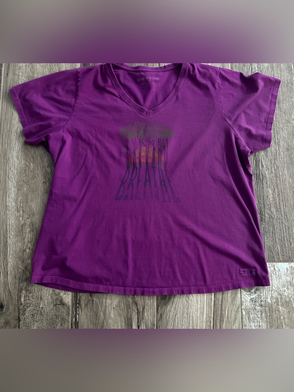 Life is Good Women's Purple V‑Neck Graphic Tee - 'Breathe'